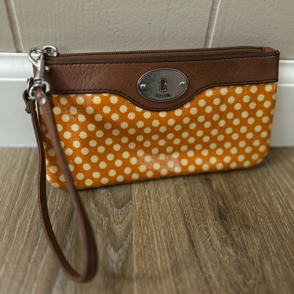 Fossil Brown and Orange Polka Dot Wristlet